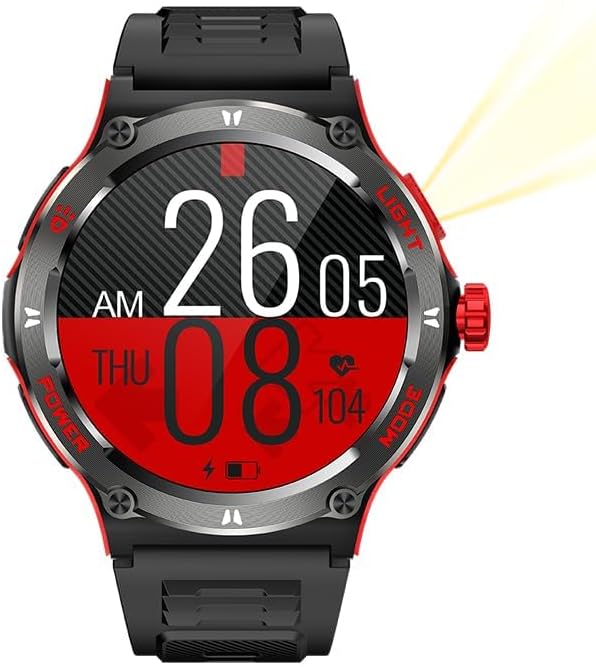 KT76 Outdoor Sport Smart Watch 1.53-inch HD Touch Screen 3ATM Waterproof Multifunction Smartwatch Ultra Powerful Flashlight Compass Heart & Health Monitoring Voice Assistant (Red)