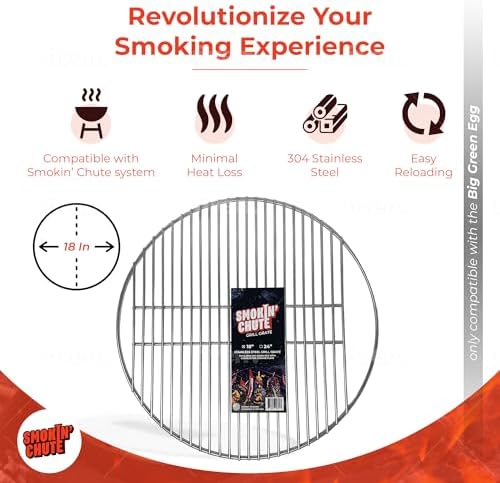 Stainless Steel Grate designed to work with the Smokin’ Chute System. Fits Large Big Green Egg and other 18” diameter grill grates.
