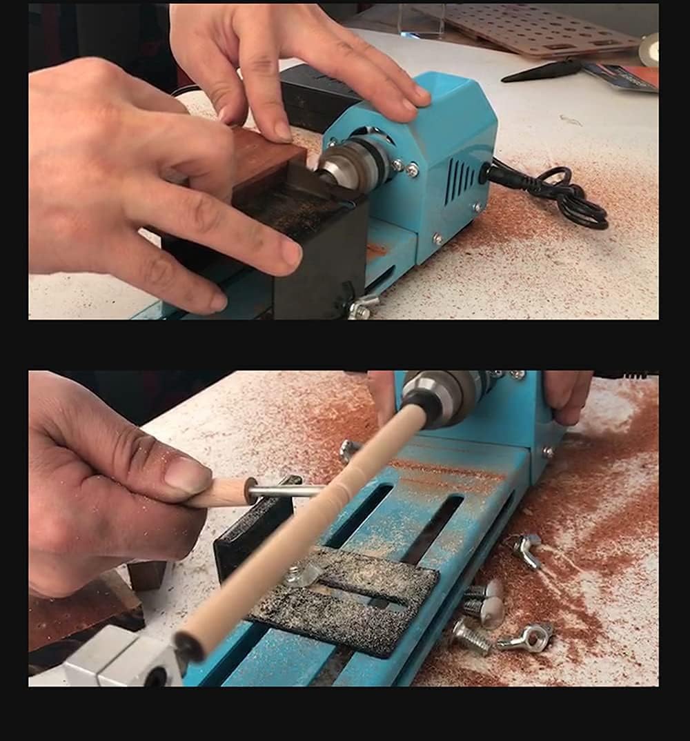 Mini Lathe Wood Lathe Machine Multi-Purpose Type Lathe with Wood Lathe Milling Accessories, for Wood Polishing, Grinding, Cutting and Milling ，2.76 in x 6.3 in, 24VDC 96W，7 Speeds
