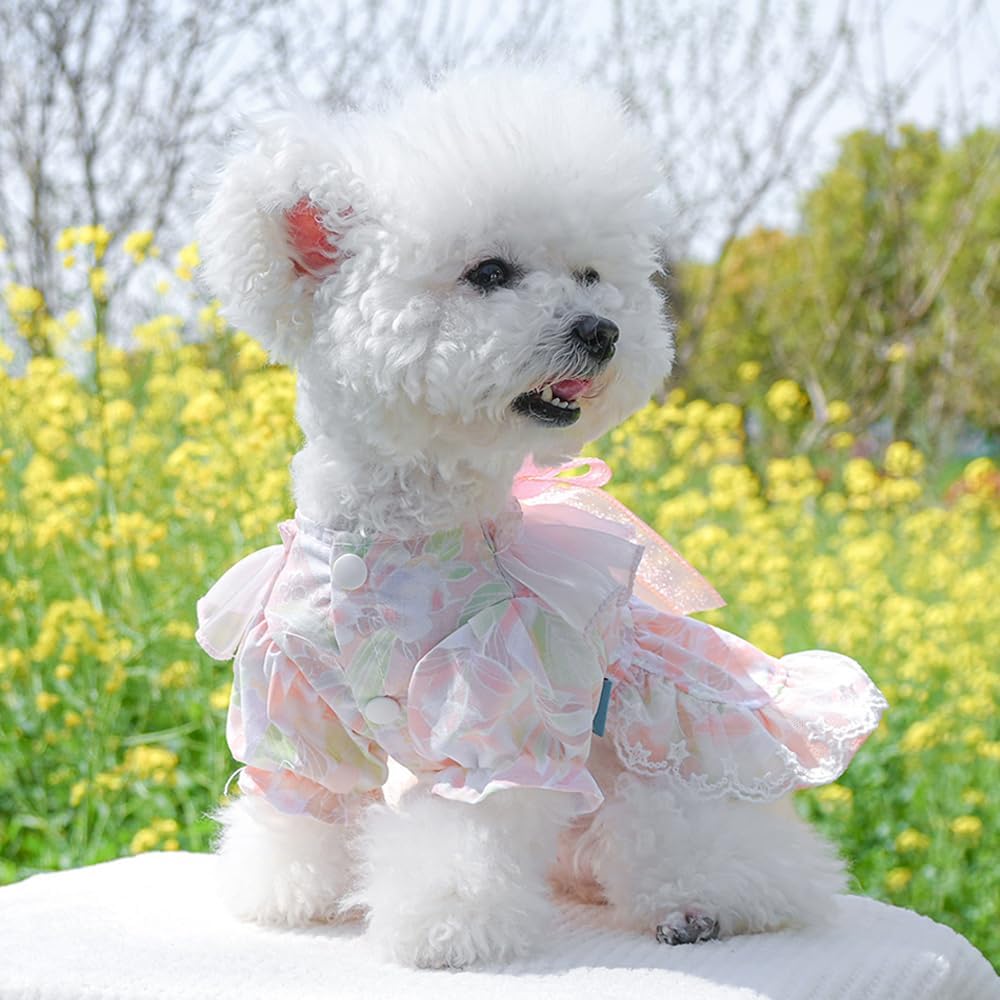 Pink Dog Dress for Small Dog Girl Spring Puppy Clothes with Bow Puff Sleeves Cat Outfit Doggy Princess with Leash Ring Doggies Harness Dress Summer Pet Apparel (Pink, Large)