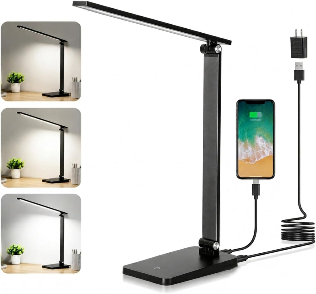 LED Desk Lamp for Home Office, 3 Levels Dimmable Desk Light with USB Charging Port, Small Study Lamp, Reading Light for Table, Black, 5000K