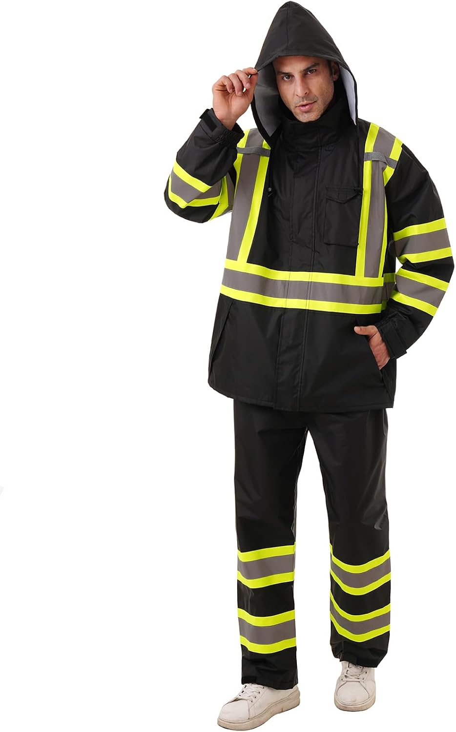 Hi Vis Safety rain Jacket，Reflective Class 3 Rain coat with Inner Mesh Lining and Pockets High Visibility Waterproof work Rain Suits for men&women（Black,LG/XL）