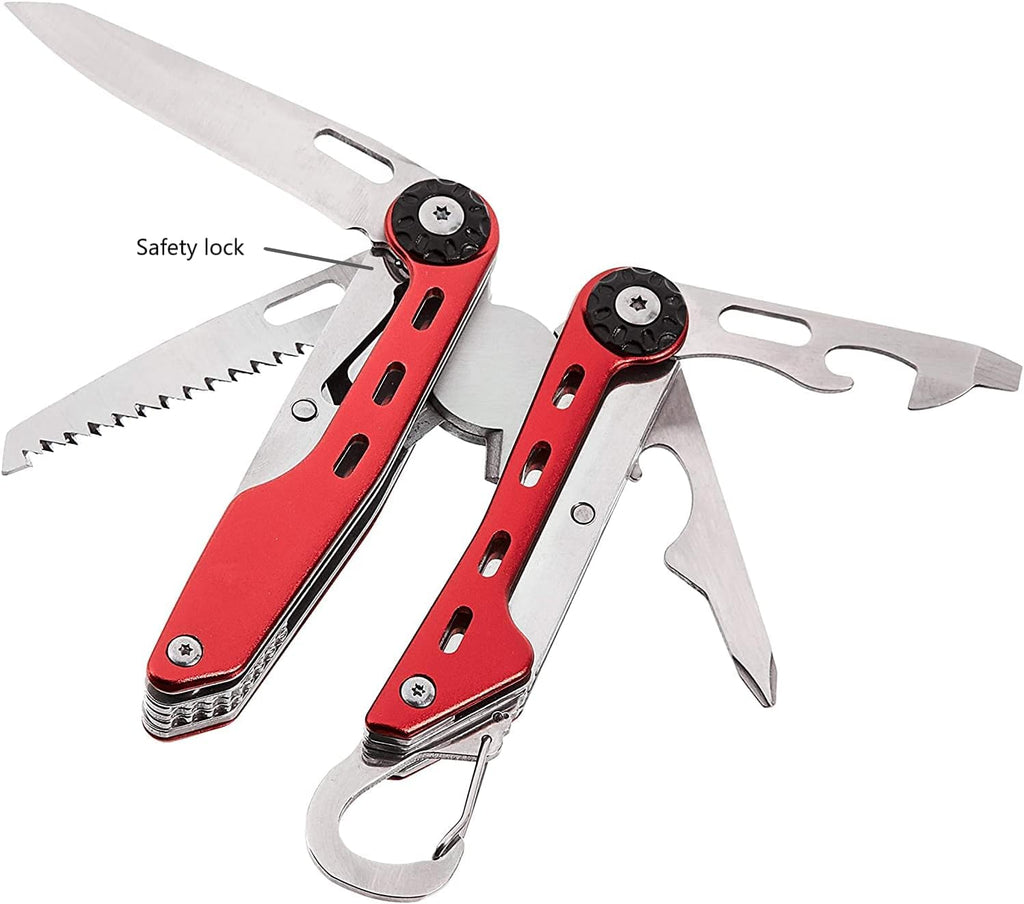 Amazon Basics 10-in-1 Stainless Steel Multitool for Hiking and Survival Gear with Needlenose Pliers, Wire Cutter, Saw, Safety Lock, Nylon Sheath, Red