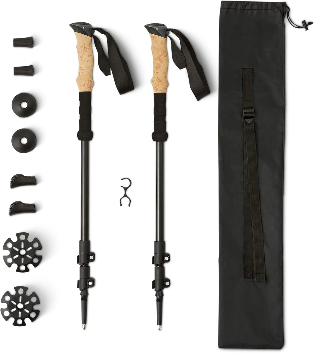 Amazon Basics Trekking Poles, Lightweight Collapsible Hiking Sticks with Quick Lock, EVA Grip & All-Terrain Accessories, Adjustable Aluminum, Black, 53in