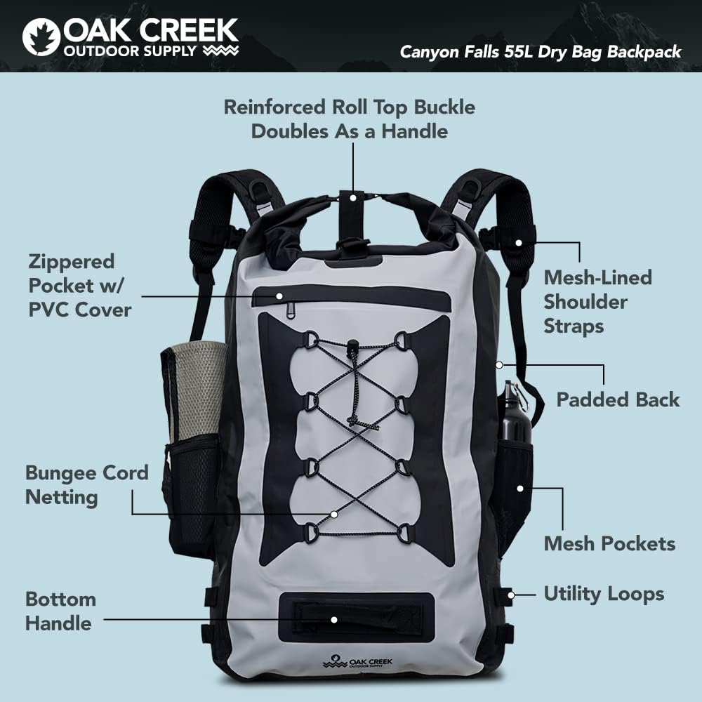 Canyon Falls (55L) XL Dry Bag Backpack. Premium Waterproof Backpack with Padded Back and Shoulder Straps. PVC Construction. Keep Your Gear Dry