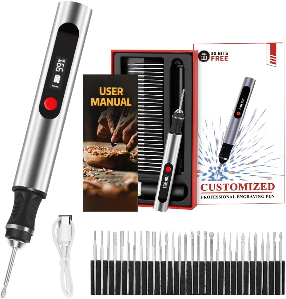 Engraving Pen, Ultimate Cordless Engraving Pen for Artists & DIYers - Engrave 60+ Surfaces - Beginner Friendly- 30 Bits & Mastery Guide (Grey)