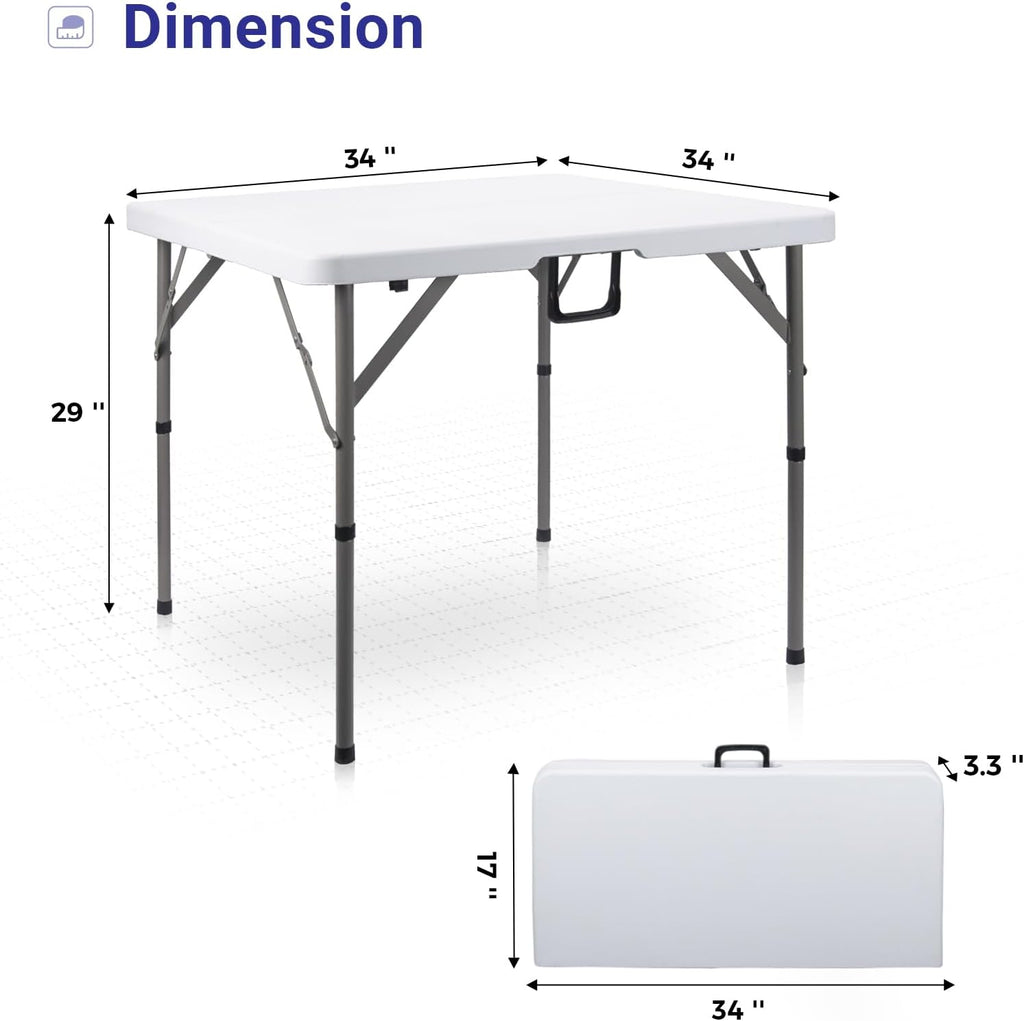 34" Square Folding Card Table,Fold-in-Half Utility Portable Table,White