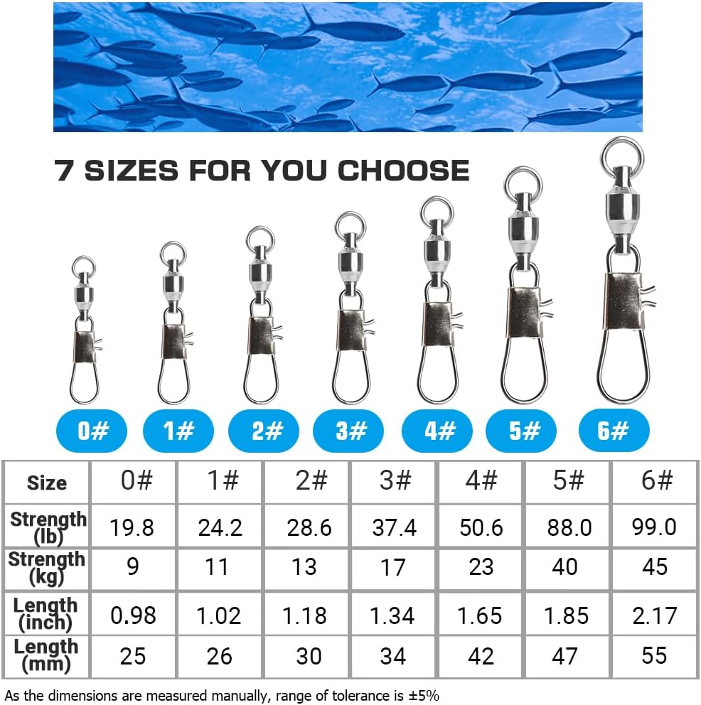 AMYSPORTS Fishing Swivels with Interlock Snap Ball Bearing Swivels Fishing Snap Swivels Saltwater Freshwater Fishing Tackle Leader Lure Jigs Line Fishing Connector