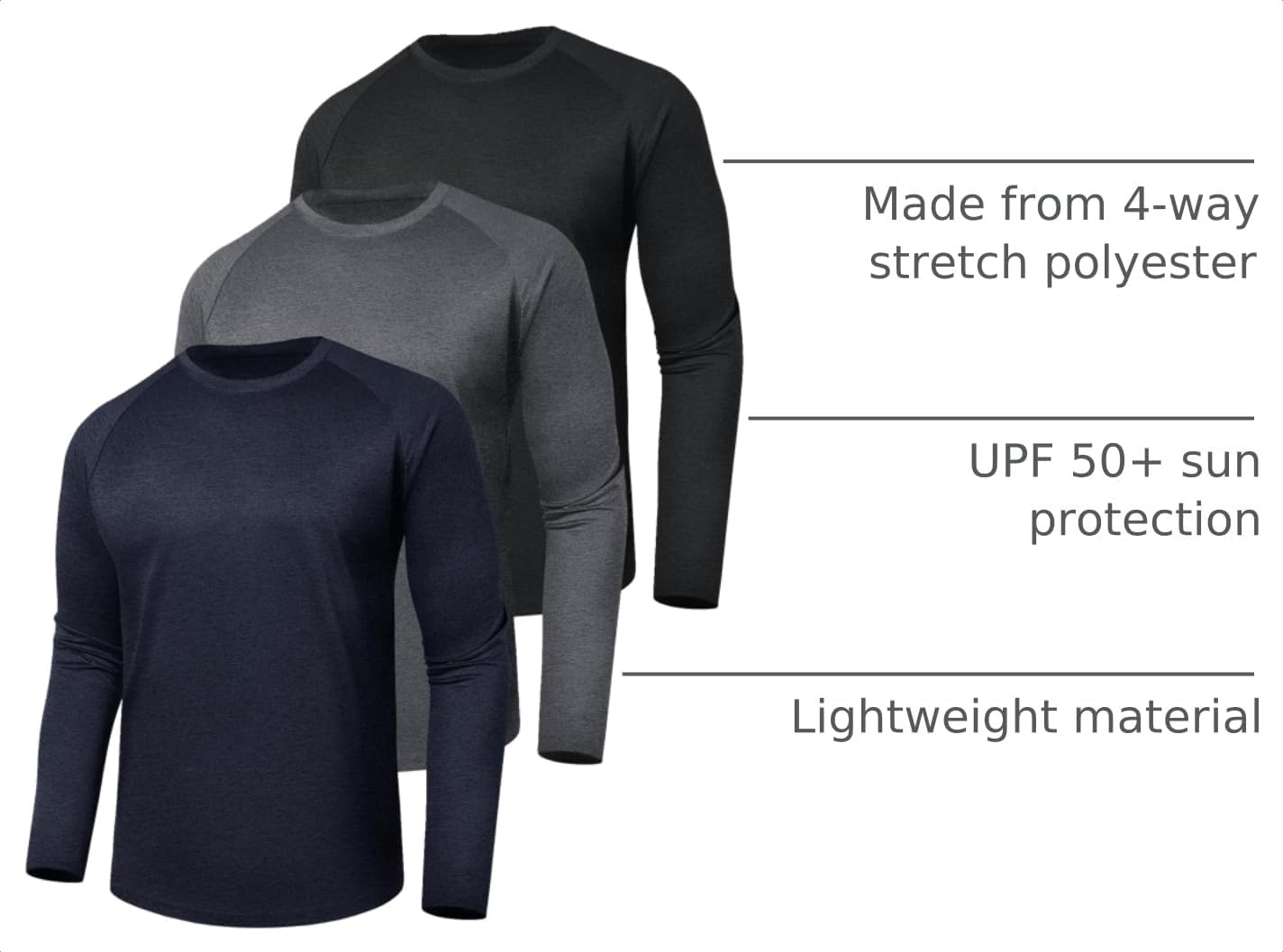 3 Pack Long Sleeve Shirts for Men - Quick Dry Moisture Wicking UV Sun Protection T-Shirts for Fishing Workout Athletic Gym