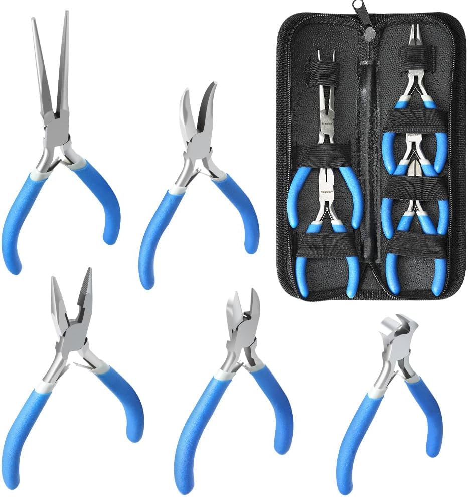 LIFEGOO 5 Pieces Mini Pliers Set – Durable Precision Tool Kit for Crafts, Jewelry & DIY, Includes Long Needle Nose, Bent Nose, Diagonal, End Cutting, Nipper (Blue)