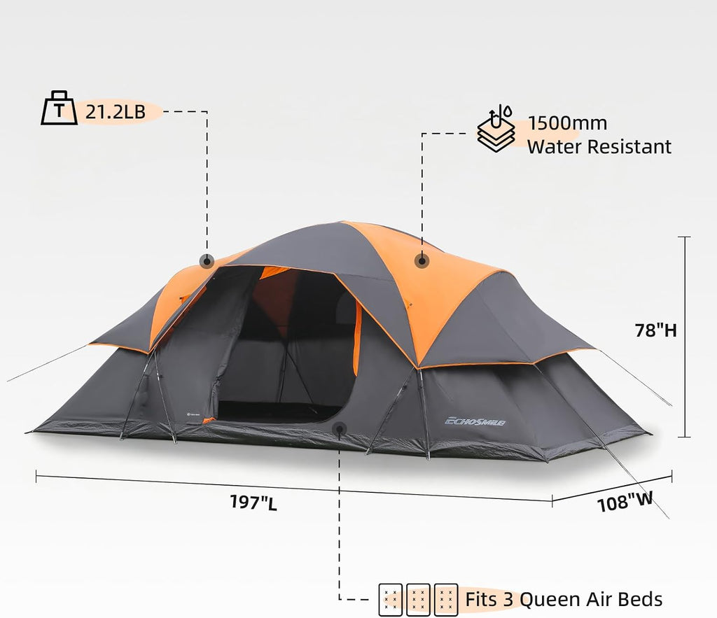 EchoSmile 8 Person Large Family Camping Tent, Waterproof Windproof Spacious Cabin Tent with Removable Rainfly, Easy Setup 3-Season Outdoor Shelter for Group