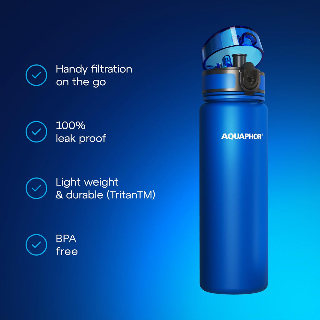 AQUAPHOR City Water Filter Bottle 17 oz | Reusable & Portable Filtered Water Bottle | BPA-Free | Perfect for Camping, Travel, Indoor & Outdoor Use | Blue