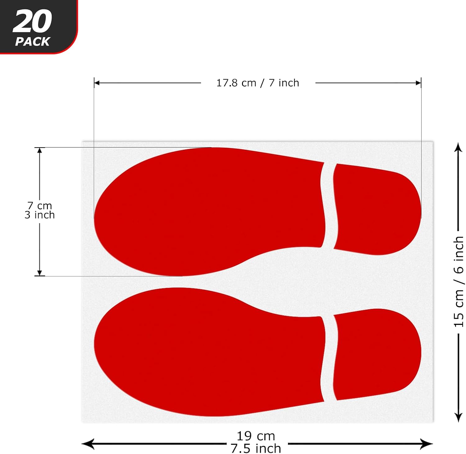 20 Pairs Red Footprint Stickers 3×7 in Classroom Floor Line Up Spot