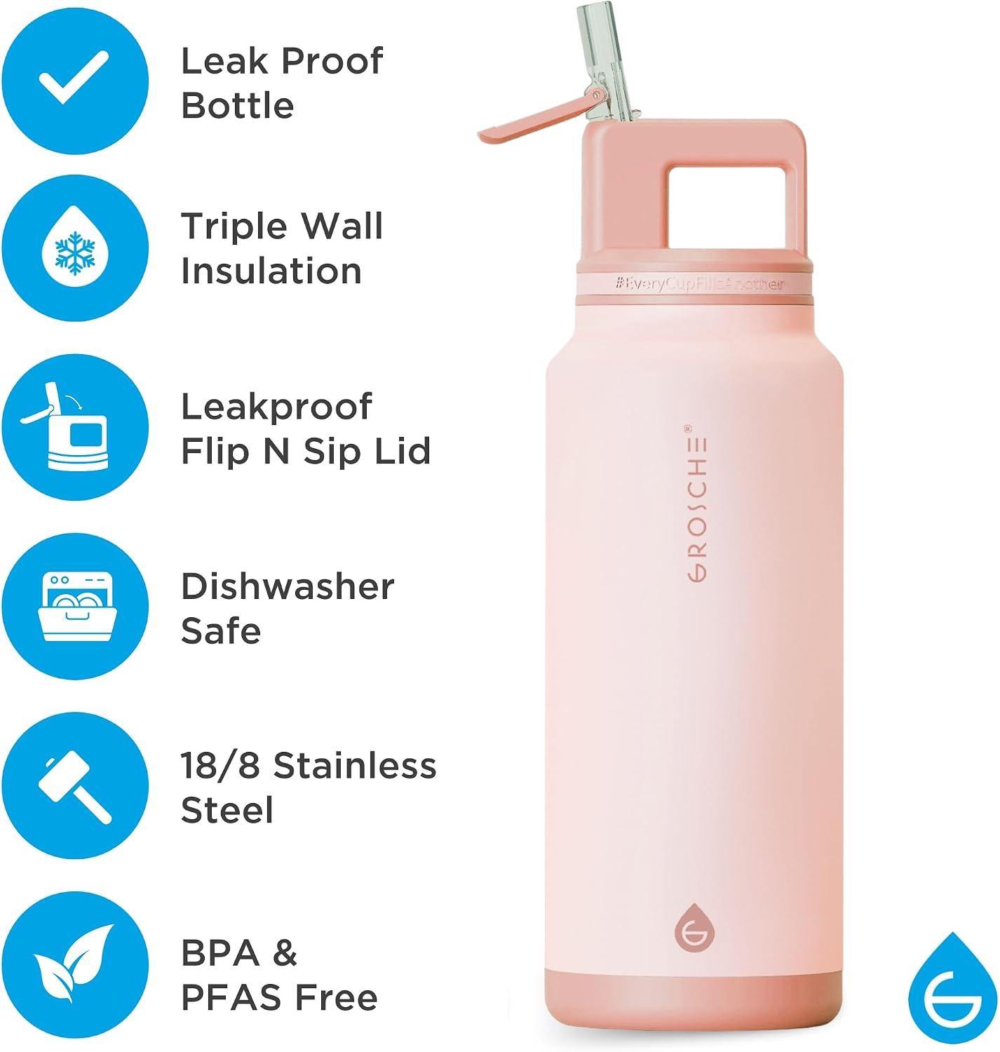 GROSCHE Alpine Flip N Sip Insulated Bottle with Straw Lid, Rose Pink, 40 oz