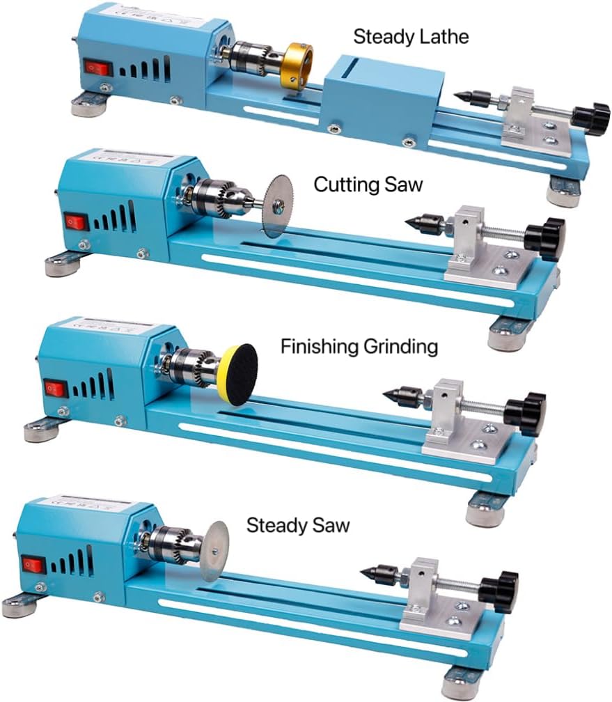 Mini Lathe Wood Lathe Machine Multi-Purpose Type Lathe with Wood Lathe Milling Accessories, for Wood Polishing, Grinding, Cutting and Milling ，2.76 in x 6.3 in, 24VDC 96W，7 Speeds