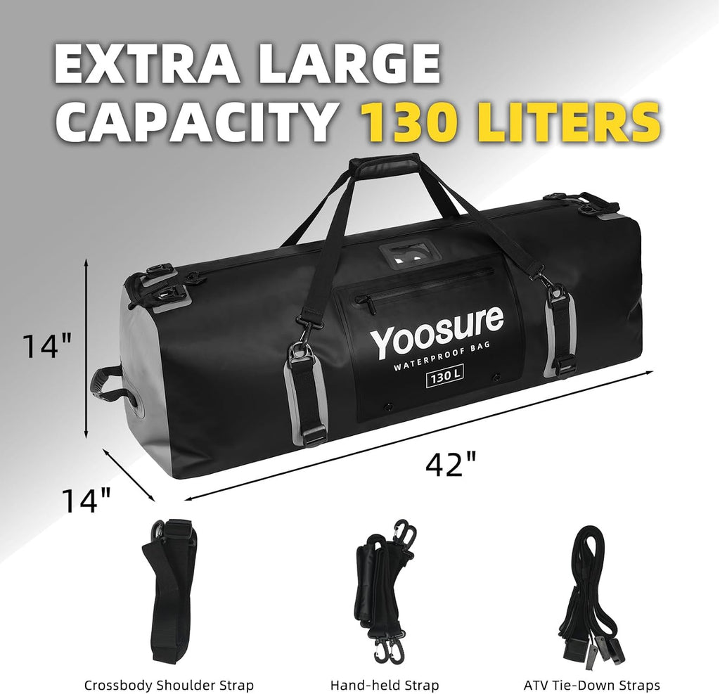 130L Waterproof Duffel Bag, Heavy Duty Dry Bag with IPX7 Airtight Zipper, 700D PVC Extra Large Cargo Duffel with Straps for Camping, Boating, Kayaking, Roof Rack & Truck Bed