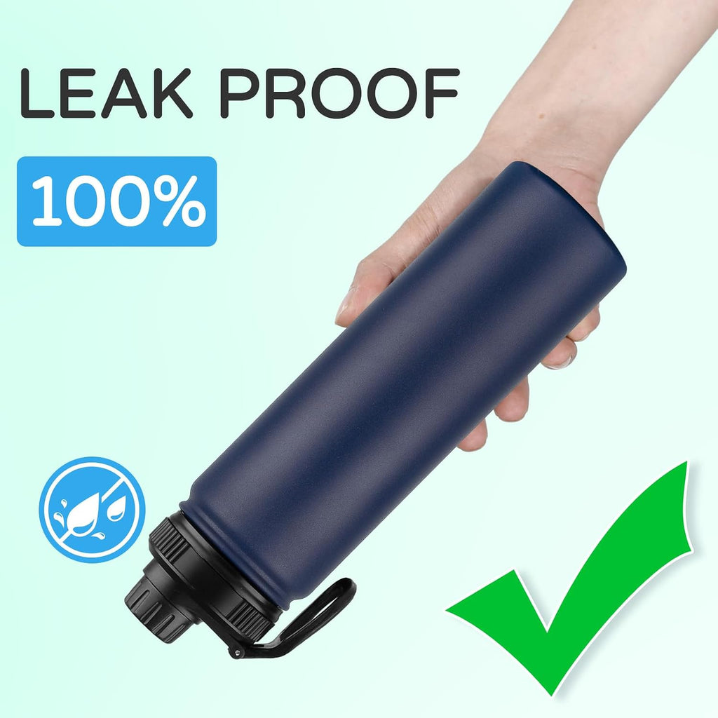 DOMICARE Insulated Water Bottle, 22 oz Vacuum Insulated Stainless Steel Reusable Sports Bottle with Straw Lid & Spout Lid for Travel, Camping, Bike, Leakproof, Navy Blue, 1 Pack