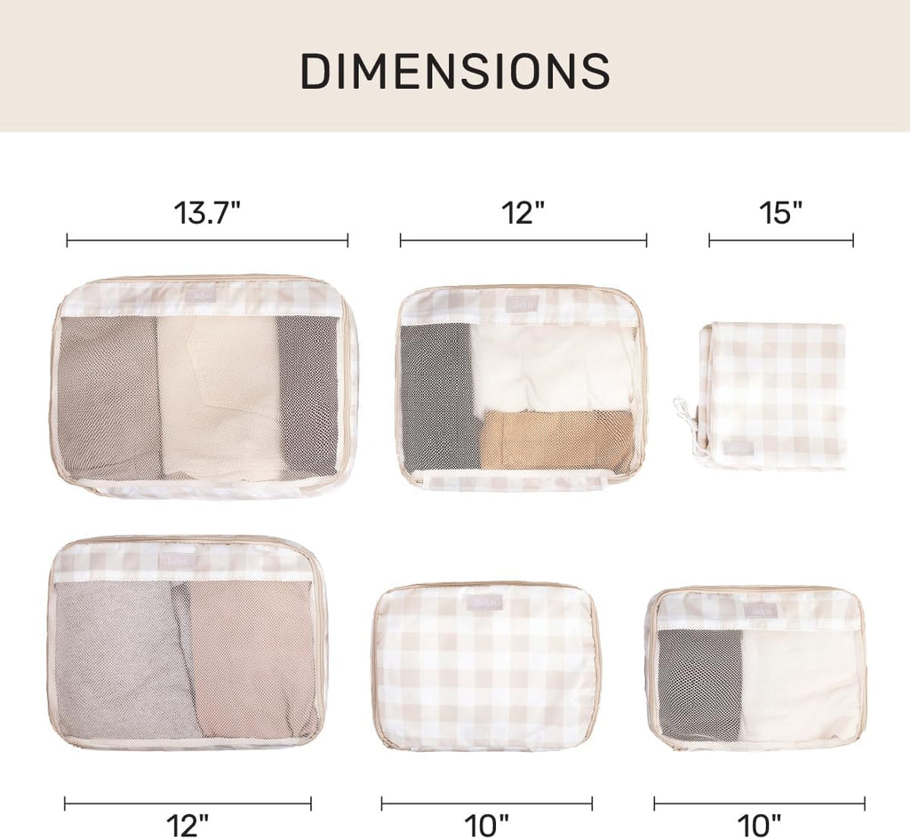 Jadyn Packing Cubes for Travel, 6-Piece Large Packing Cube Organizer Set for Suitcase, Duffel Bag, Luggage, Multiple Sizes Travel Essentials (Beige Gingham)