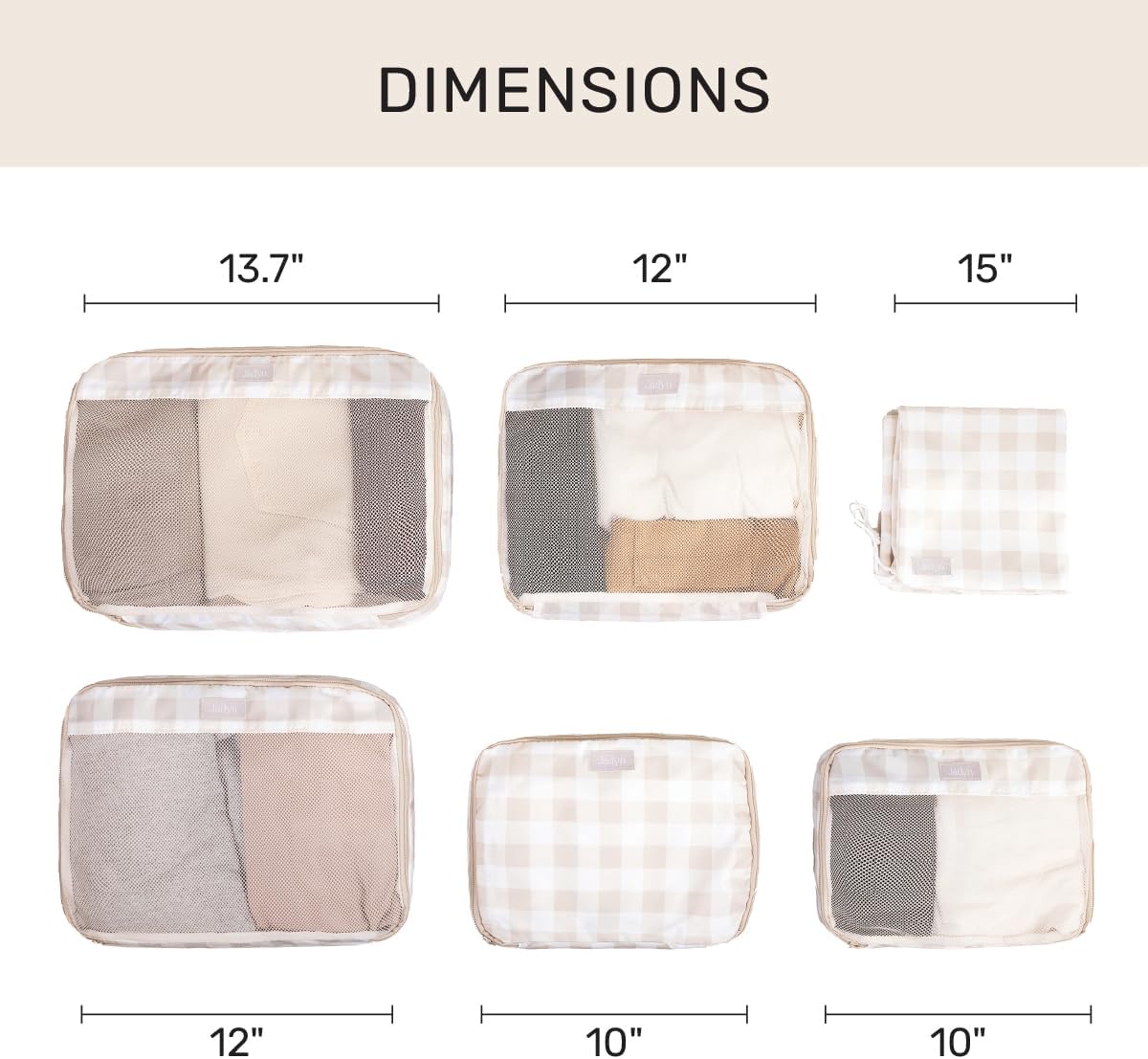 Jadyn Packing Cubes for Travel, 6-Piece Large Packing Cube Organizer Set for Suitcase, Duffel Bag, Luggage, Multiple Sizes Travel Essentials (Beige Gingham)
