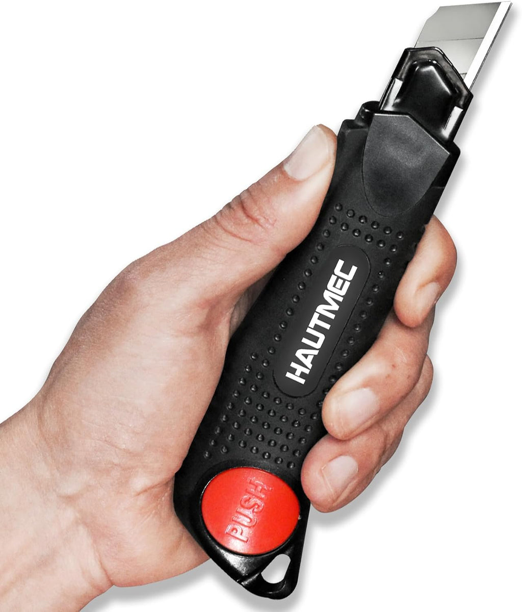 HAUTMEC 18mm Soft Grip Auto-Lock Utility Knife With Red Safety Switch, Sturdy Cutter with Ultra Sharp Black Snap-off Blade HT0081-4PC