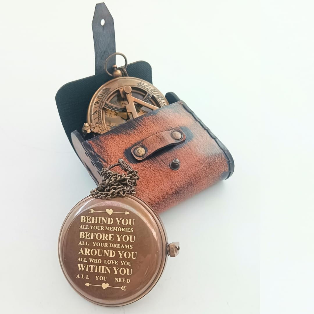 Behind You Engraved Brass Compass Gift for Men - Handcrafted Vintage Brass Sundial Compass – Antique Nautical Sun Clock with Leather Case - Best Graduation Gift - Best College Graduation Gift