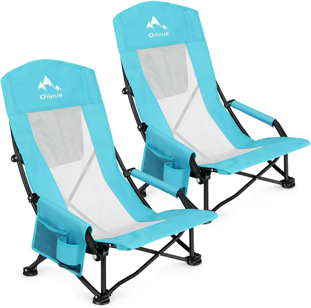 Oileus Folding Portable Beach Chair, High-Back Low-Seat Lightweight Chair for Beach Tents, Shelters, and Camping, Full Mesh Backrest | Cup Holder | Storage Bag | Carrying Bag | 2 Armrests