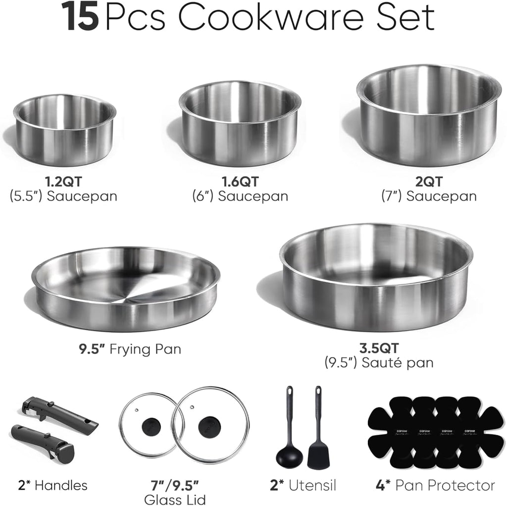CAROTE 15pcs Tri-Ply Stainless Steel Cookware Set with Detachable Handle