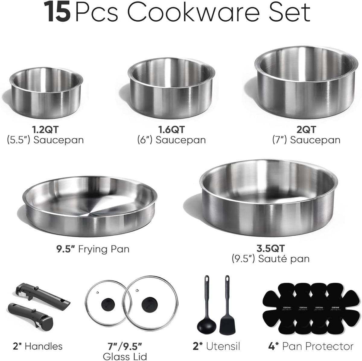 CAROTE 15pcs Tri-Ply Stainless Steel Cookware Set with Detachable Handle
