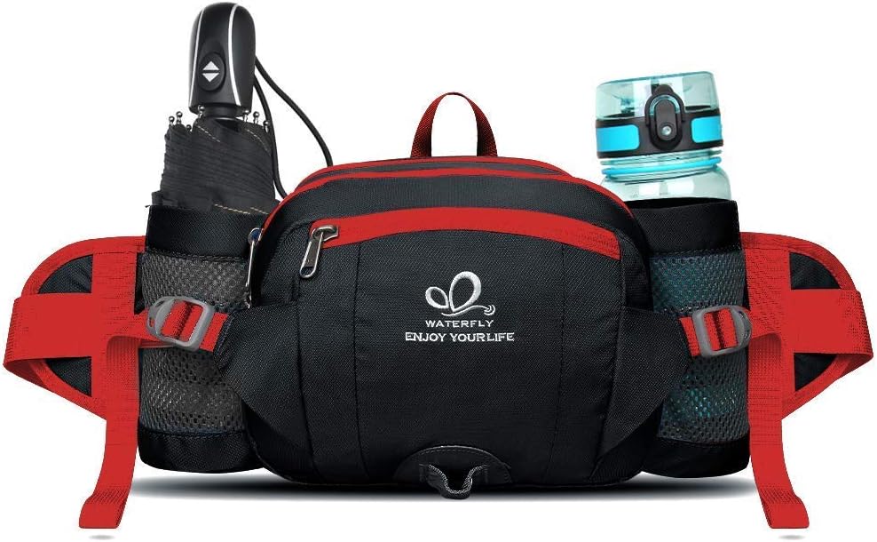 WATERFLY Fanny Pack Waist Bag: Fannie Pack 2 Water Bottle Holders Lumbar Belt Hiking Walking Running Jogging Camping Large Woman Man (Bottle Not Included)