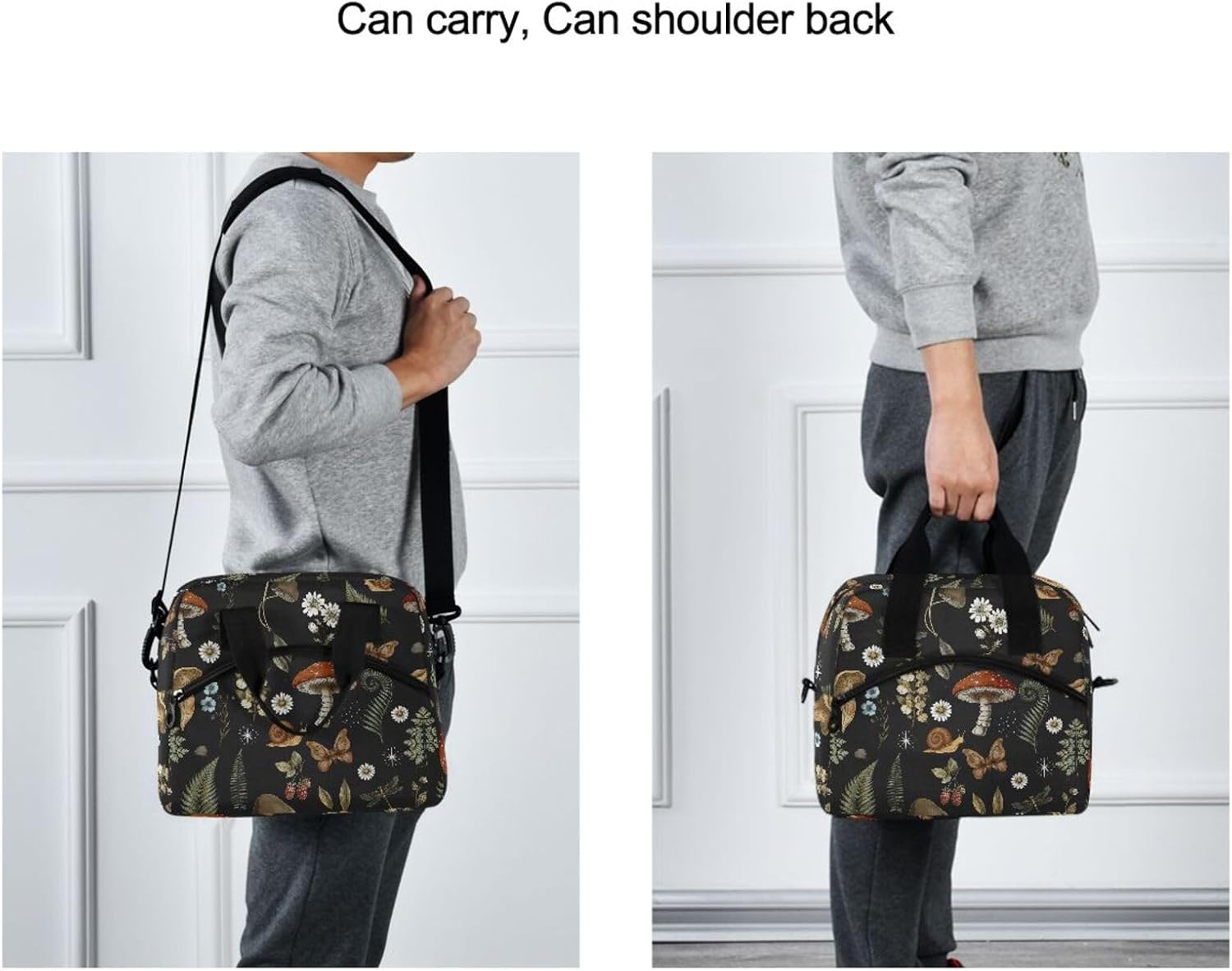 Mushrooms Insulated Lunch Bag, Vintage Flower Butterfly Dragonfly Reusable Cooler Lunch Tote Box with Shoulder Strap for Work Picnic School Beach