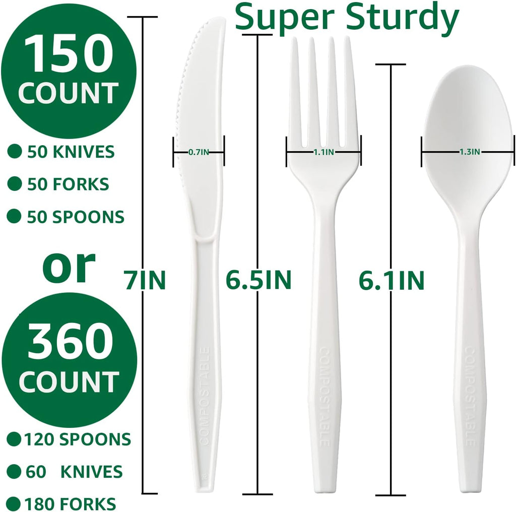100%Compostable No Plastic Knives Disposable Forks Spoons Plastic Utensils, The Heavyweight Heavy Duty Flatware is Eco Friendly Products for Lounge Party Wedding BBQ Picnic Camping [150 Count]