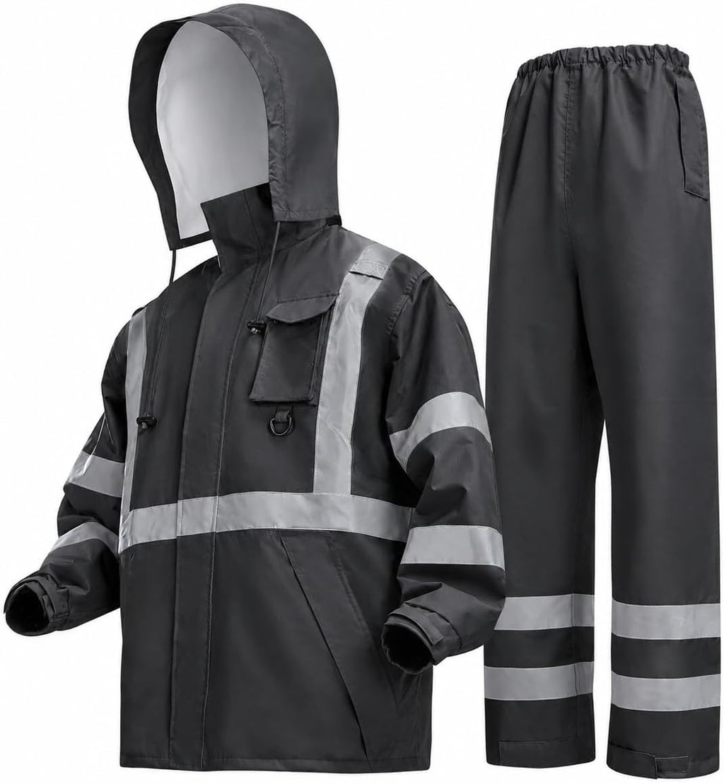Safety Rain Jacket for Men Waterproof，Class 3 Hi Vis Rain Gear with Collapsible Hood， Breathable Rain Suits with Inner Mesh Lining and pocket，Reflective Waterproof Pants S/M