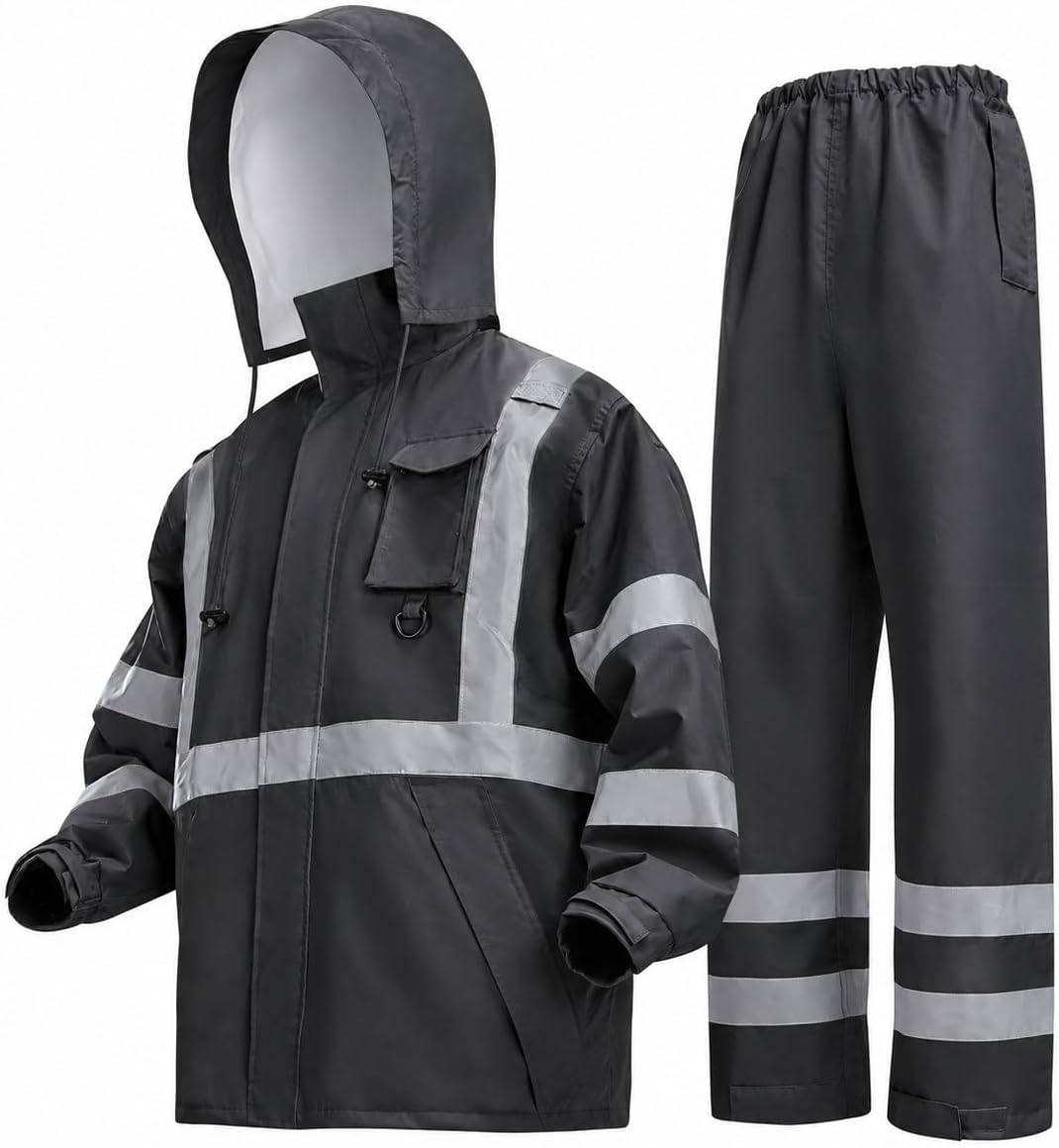Hi-Vis Reflective Safety Rain Jacket and Pants for Men Women Waterproof Rain Gears with Inner Mesh Lining and pocket，Black L/XL