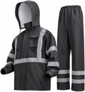 Hi-Vis Reflective Safety Rain Jacket and Pants for Men Women Waterproof Rain Gears with Inner Mesh Lining and pocket，Black 4XL/5XL