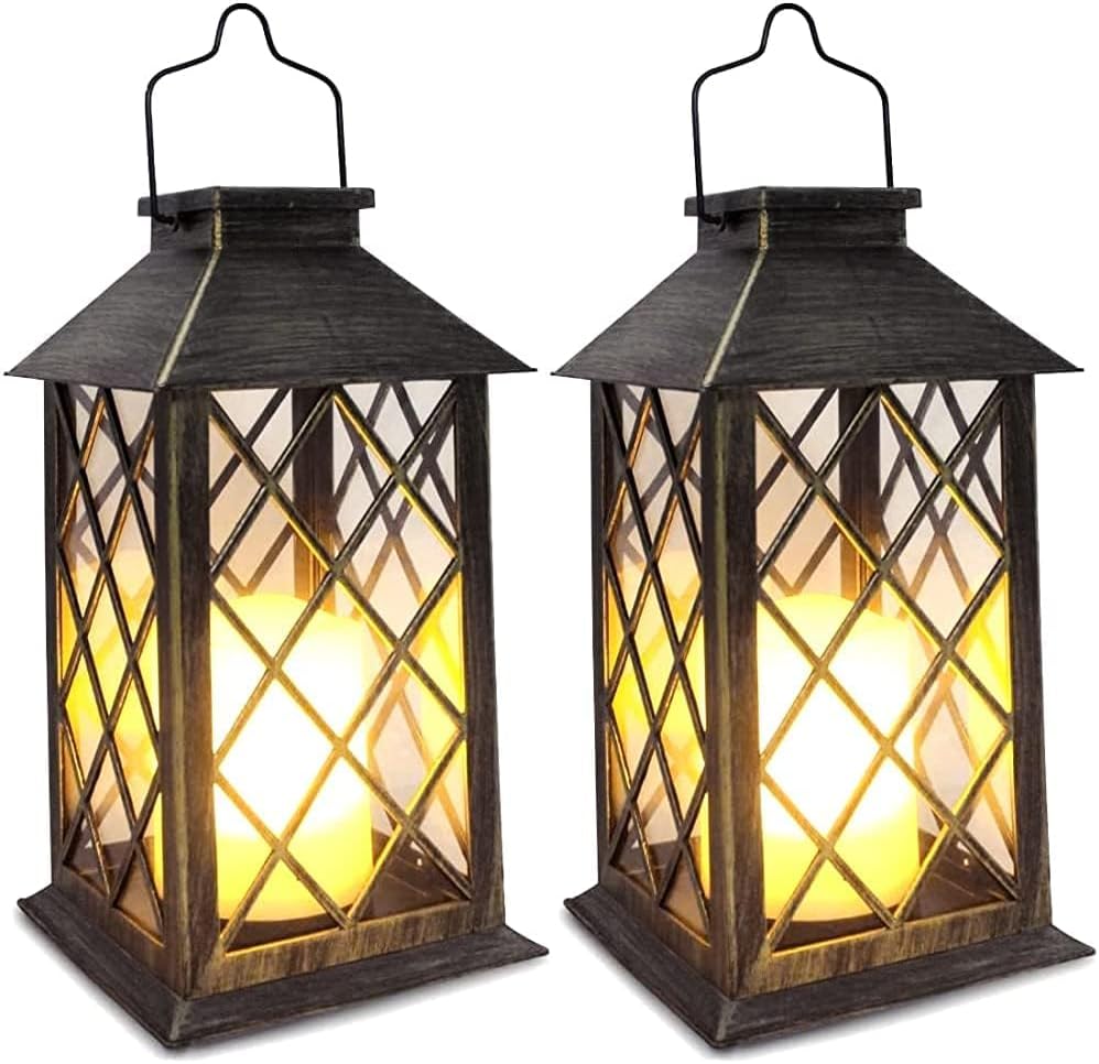 SHYMERY Solar Lanterns Outdoor Waterproof, 14 Inch Outdoor Lanterns with LED Flickering Flameless Candles,2 Pack Hanging Black Lantern Decorative for Patio,Front Porch,Balcony,Outside,Table Decor