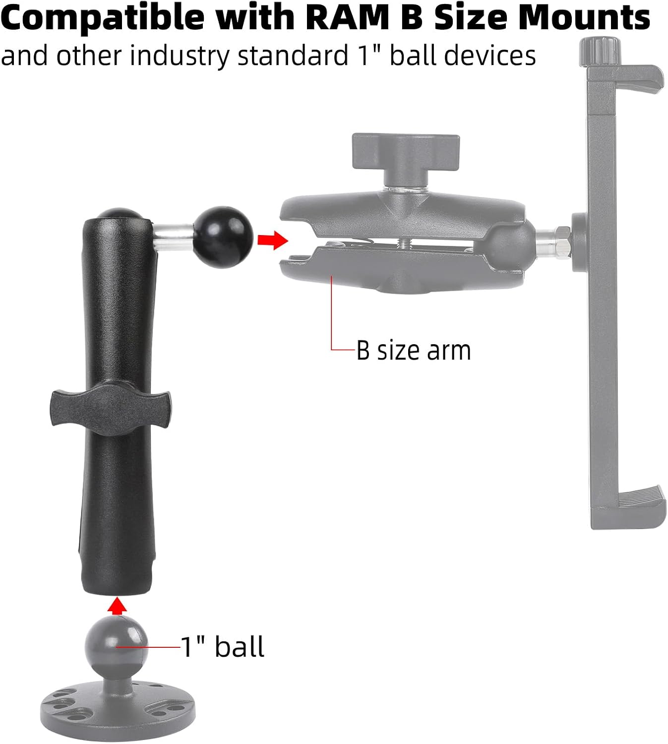 Double Socket Arm with 1" Double Ball Adapter Compatible with RAM B Size Mounts, 360° Rotation Extension Rod for Phone Holder, Tablet Mount, for Bike, Motorcycle, Truck (7.48" Long Adapter)