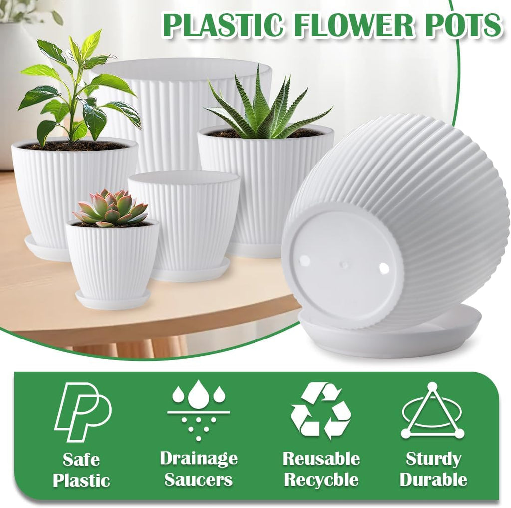 RooTrimmer Multi Size Plastic Plant Pots 6 Pack, Drain Holes, Saucers,White