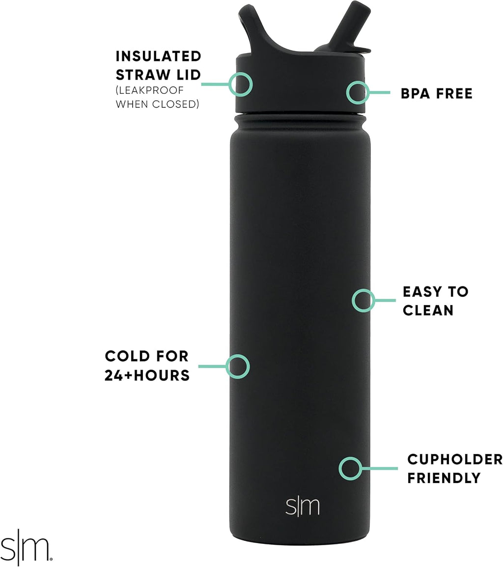 Simple Modern Insulated Water Bottle with Straw | 22oz | Black