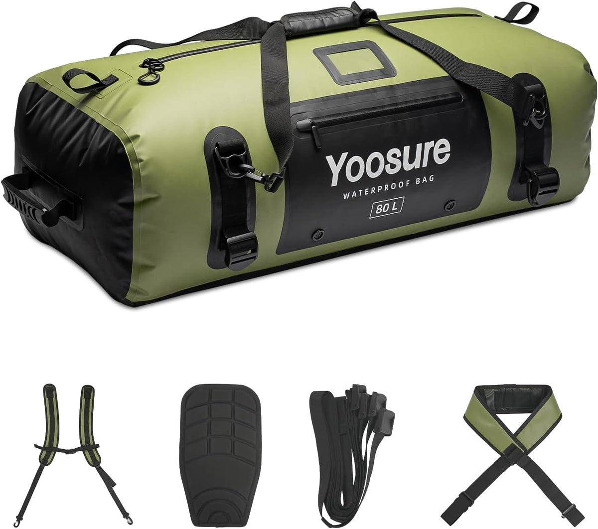 80L Waterproof Duffel Bag Motorcycle Dry Bag Backpack, Waterproof Zippered Bags with Backpack Spacer Pad for Kayaking Rafting Boating Canoeing Camping Paddle Beach (Green)