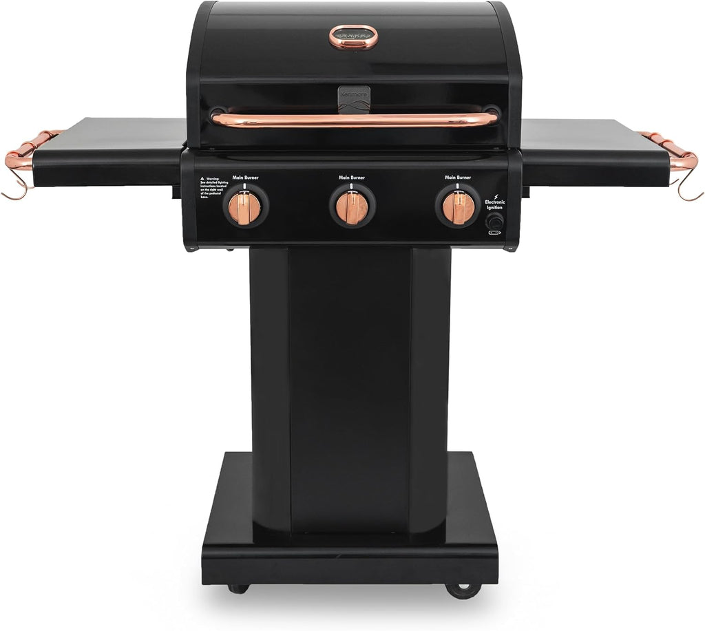 Kenmore 3-Burner Gas Grill | Foldable Side Tables, Cast Iron Cooking Grates, Warming Rack, Hooks for BBQ Grilling Tools, Propane Gas Barbecue Grill, 30,000 BTUs, Black with Copper Accent