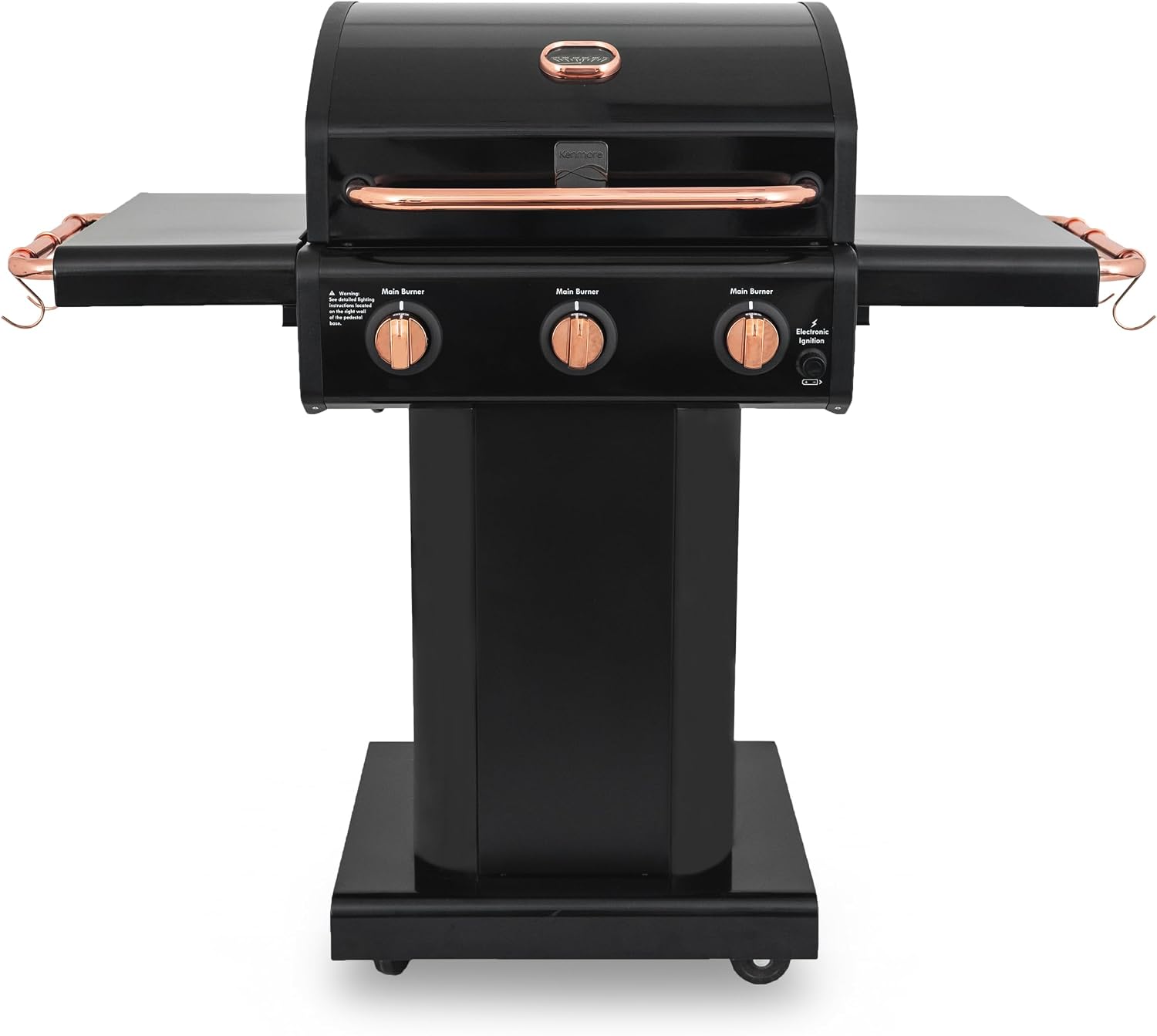 Kenmore 3-Burner Gas Grill | Foldable Side Tables, Cast Iron Cooking Grates, Warming Rack, Hooks for BBQ Grilling Tools, Propane Gas Barbecue Grill, 30,000 BTUs, Black with Copper Accent