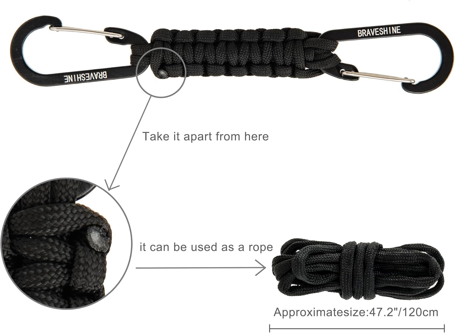 BRAVESHINE Paracord Keychain Carabiner Clip | D Ring Hanger Lanyard Hook
