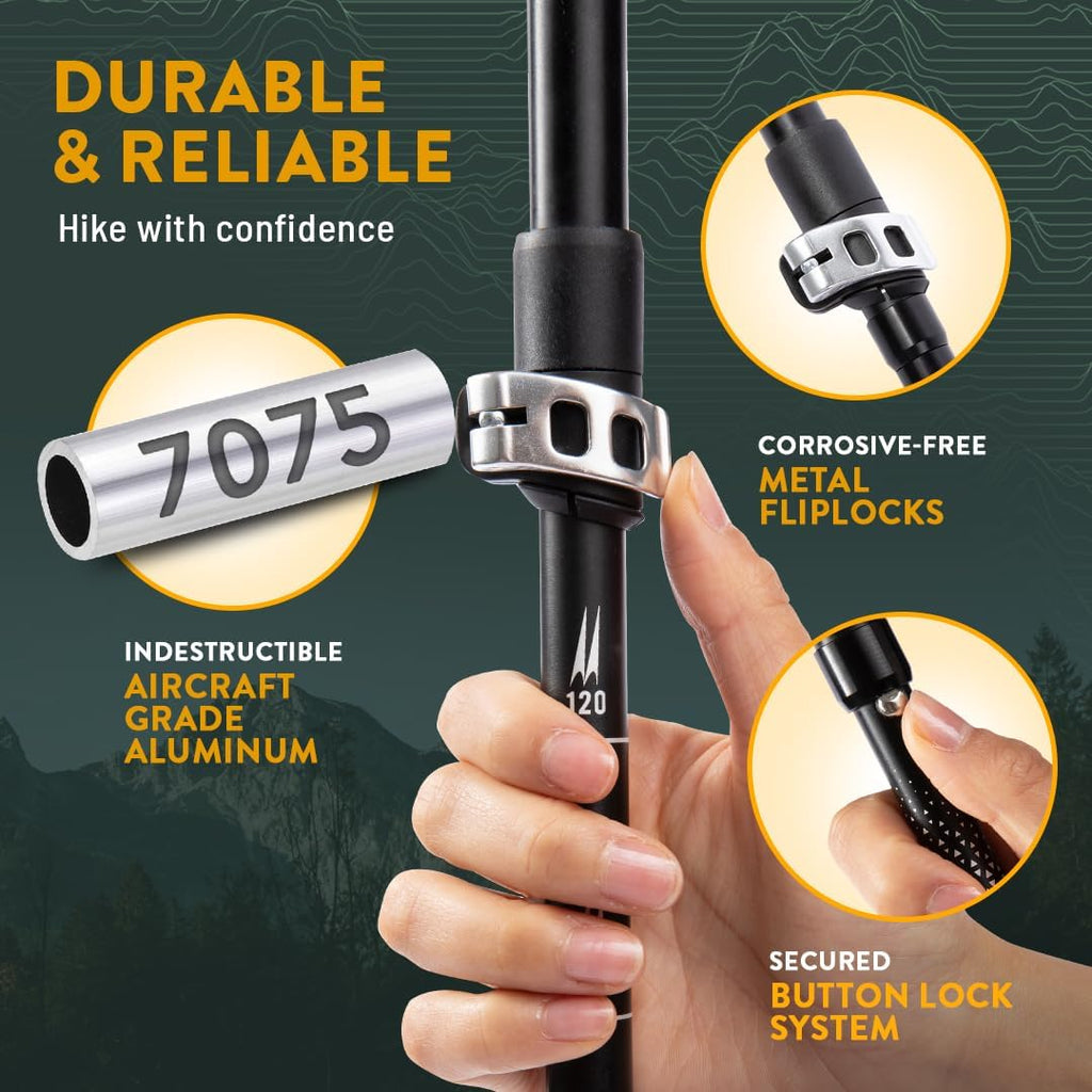 Premium Foldable Hiking Poles by USA Brand - Adjustable, Lightweight Trekking Poles Made of Aircraft Aluminum, Metal Locks Cork EVA Grips