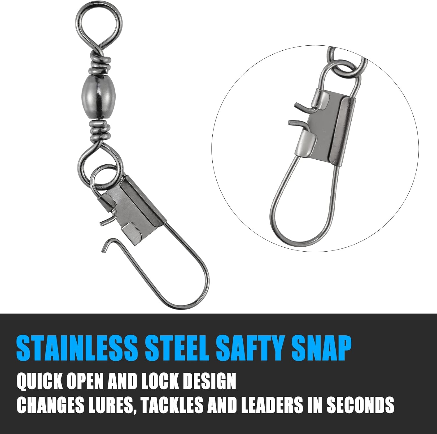 Dr.Fish 50 Pack Fishing Snap Swivels, Barrel Swivels Fishing Tackles, Stainless Steel Safty Interlock Snaps Leader Line Lure Connector Fresh&Saltwater 26-132Lb