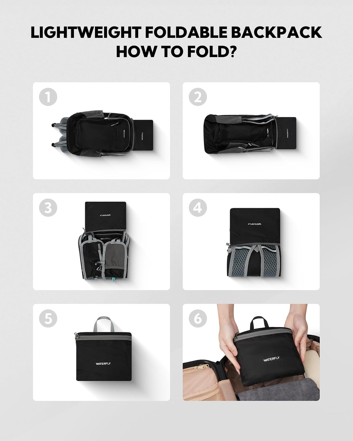 WATERFLY Small Packable Travel Backpack: 15L Lightweight Hiking Daypack