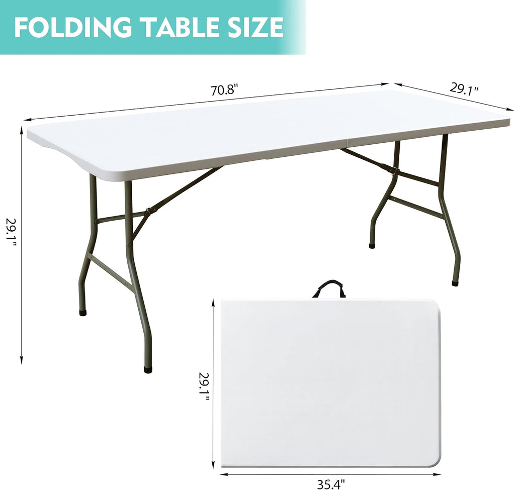 Foldable Table, Plastic 6FT Folding Table, Indoor Outdoor Portable Utility Table with Handle for Party, Camping and Picnic, White