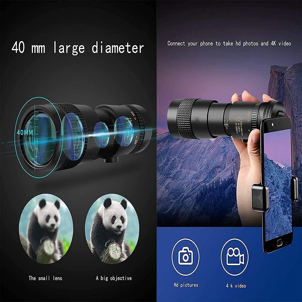 AISHFP 4K 10-300 X 40 MM Telescope, Super Zoom High Power Scope Night Vision Waterproof Military Monoculars Telescope for Camping Travelling,No Tripod