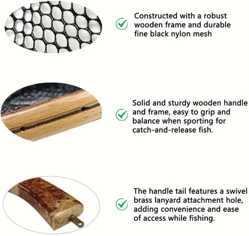 Aventik Fly Fishing Landing Net for Trout Soft Rubber Ghost Mesh Catch and Release Wooden Frame Lightweight and Tangle-Free