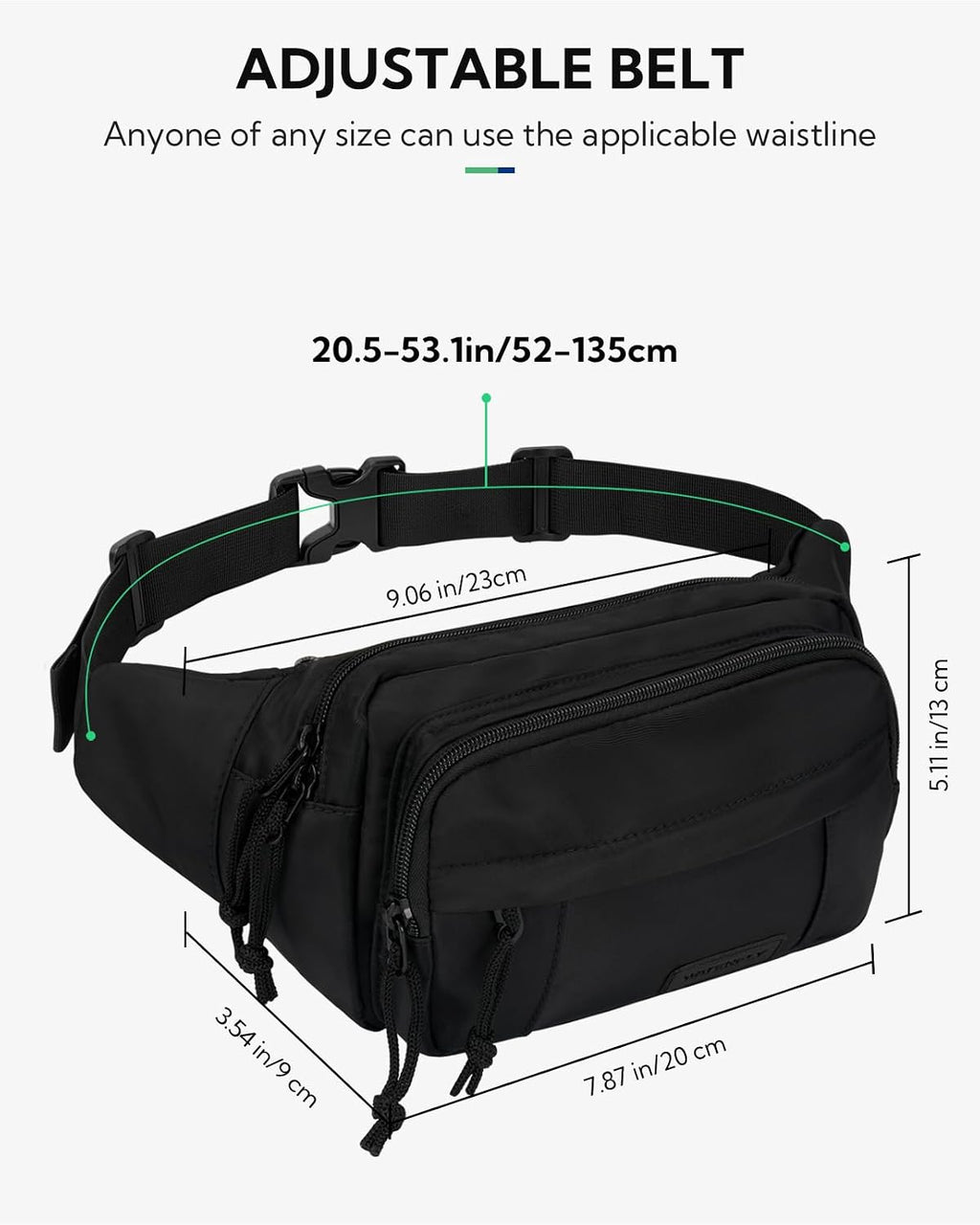 WATERFLY Fanny Pack Waist Bag: 2.5L Large 5 Zipper Pockets for Women Men