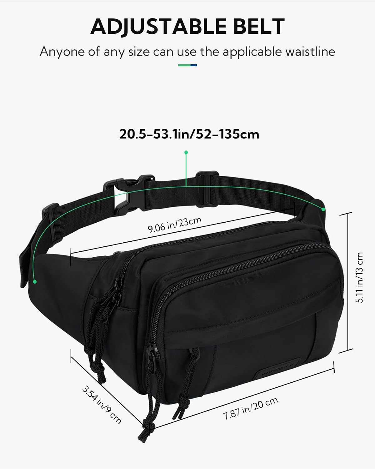WATERFLY Fanny Pack Waist Bag: 2.5L Large 5 Zipper Pockets for Women Men